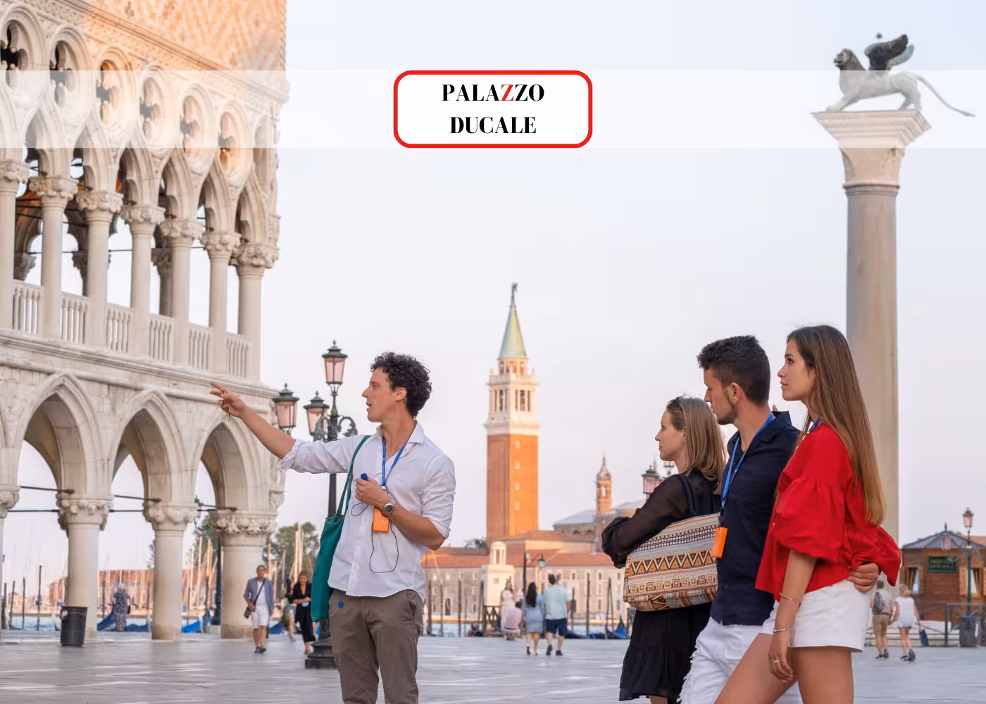 Tour group exploring the Doge's Palace with guide pointing out details, St Mark's Basilica in the background.