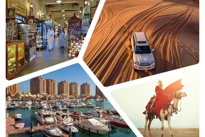 Collage of Doha cityscape, bustling souq, desert safari, and camel ride showcasing a full-day adventure in Qatar.