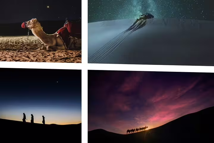 Collage of nighttime camel rides and dune bashing under starry skies in the Doha desert, highlighting safari tours.
