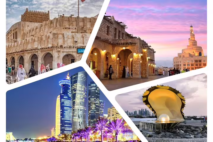 Collage of Doha's attractions including Souq Waqif, Pearl Monument, and modern skyline, featured in Doha Transit City Tour.