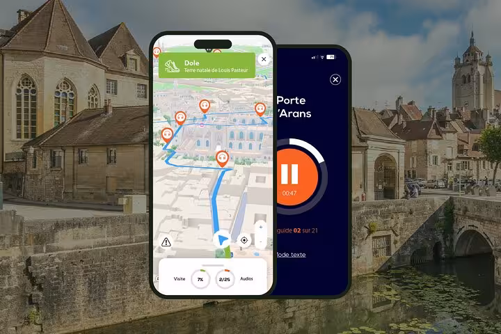 Dole self-guided walking tour app showing GPS map and audio guide interface with city landmarks