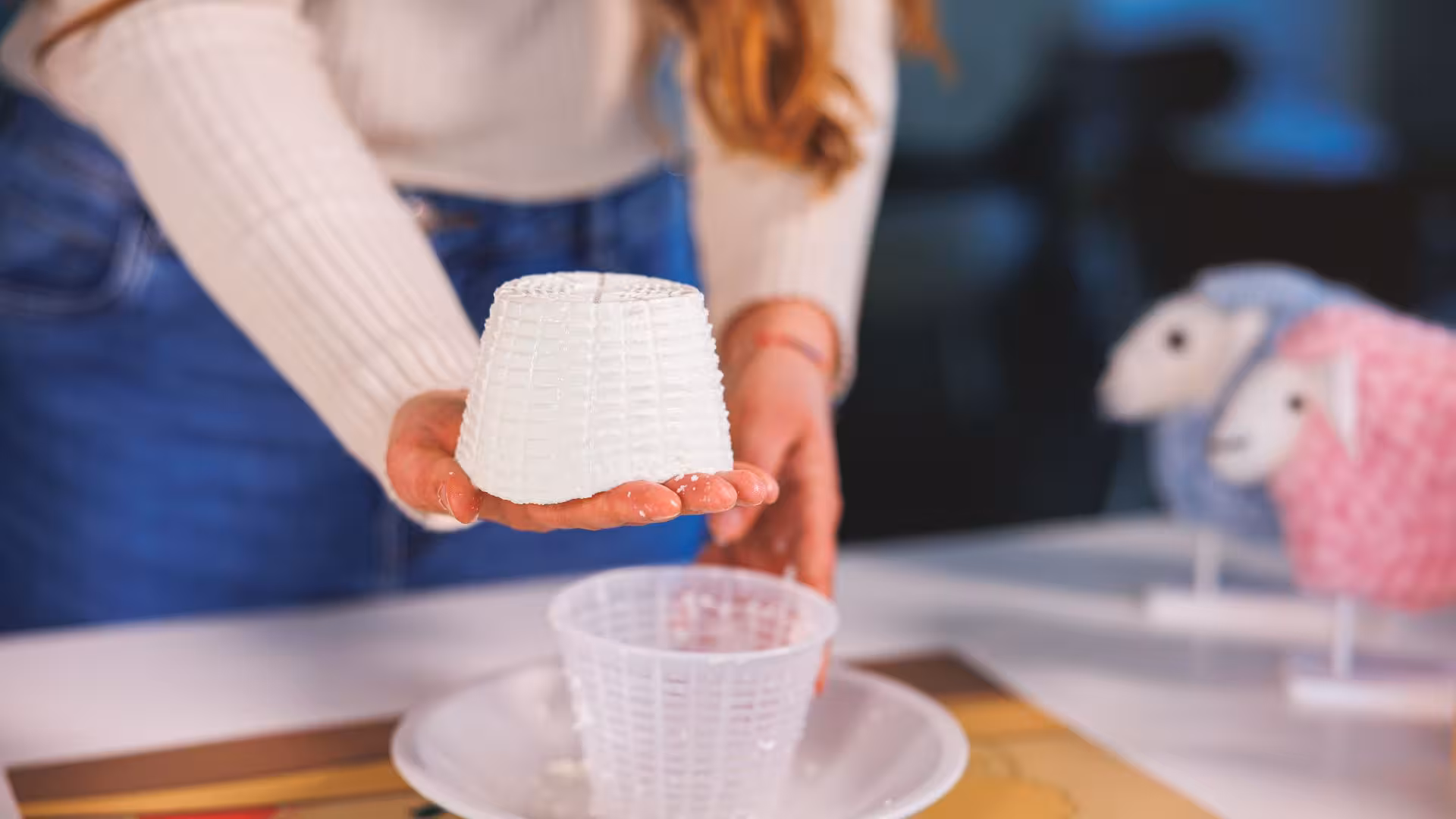 Person holding fresh ricotta cheese from mold at Dolianova cheese factory visit and workshop.