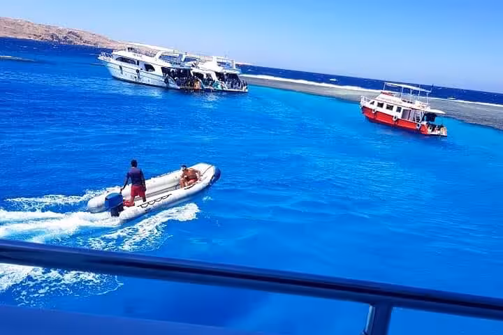 RIB boat cruising to snorkel boats in turquoise Red Sea near Hurghada for a 9-hour dolphin spotting adventure