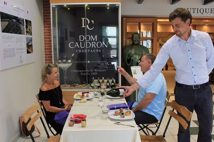 Dom Caudron Champagne lunch and tasting in cellar, small-group day trip from Paris with guided pours