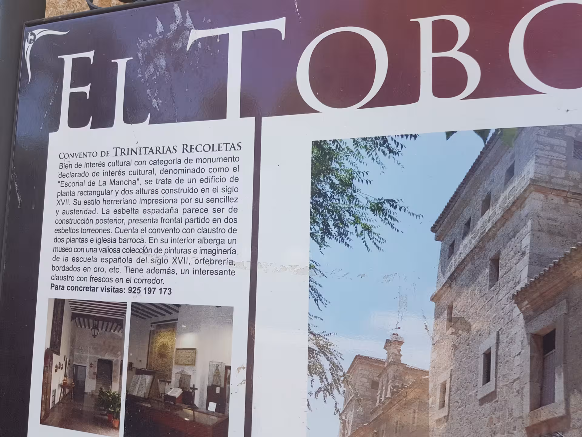 El Toboso convent sign and stone facade, key stop on Don Quixote Tour in La Mancha, Spain cultural heritage