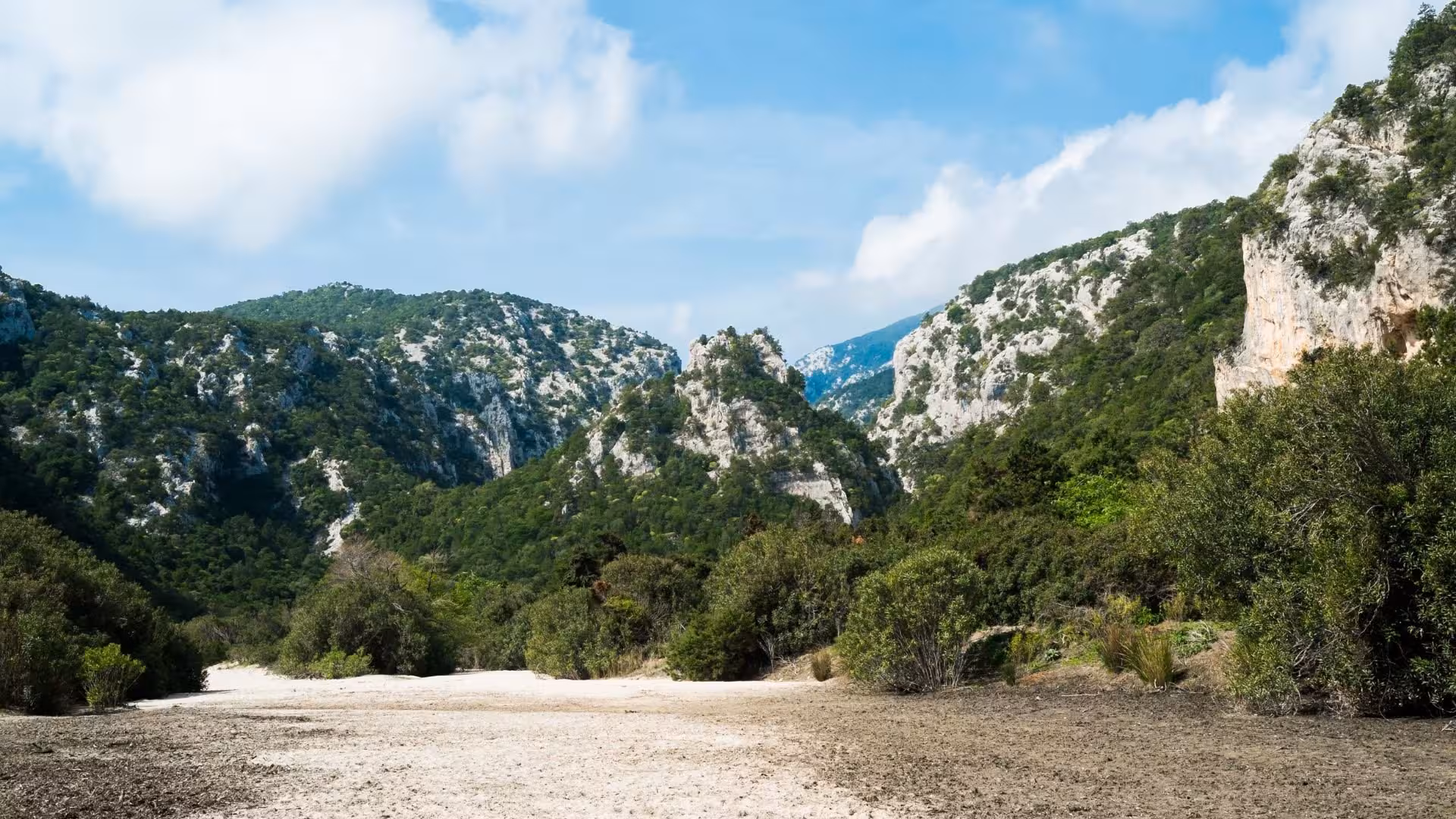 Scenic view of rugged green hills and rocky cliffs under a blue sky, ideal for trekking near Cala Luna.