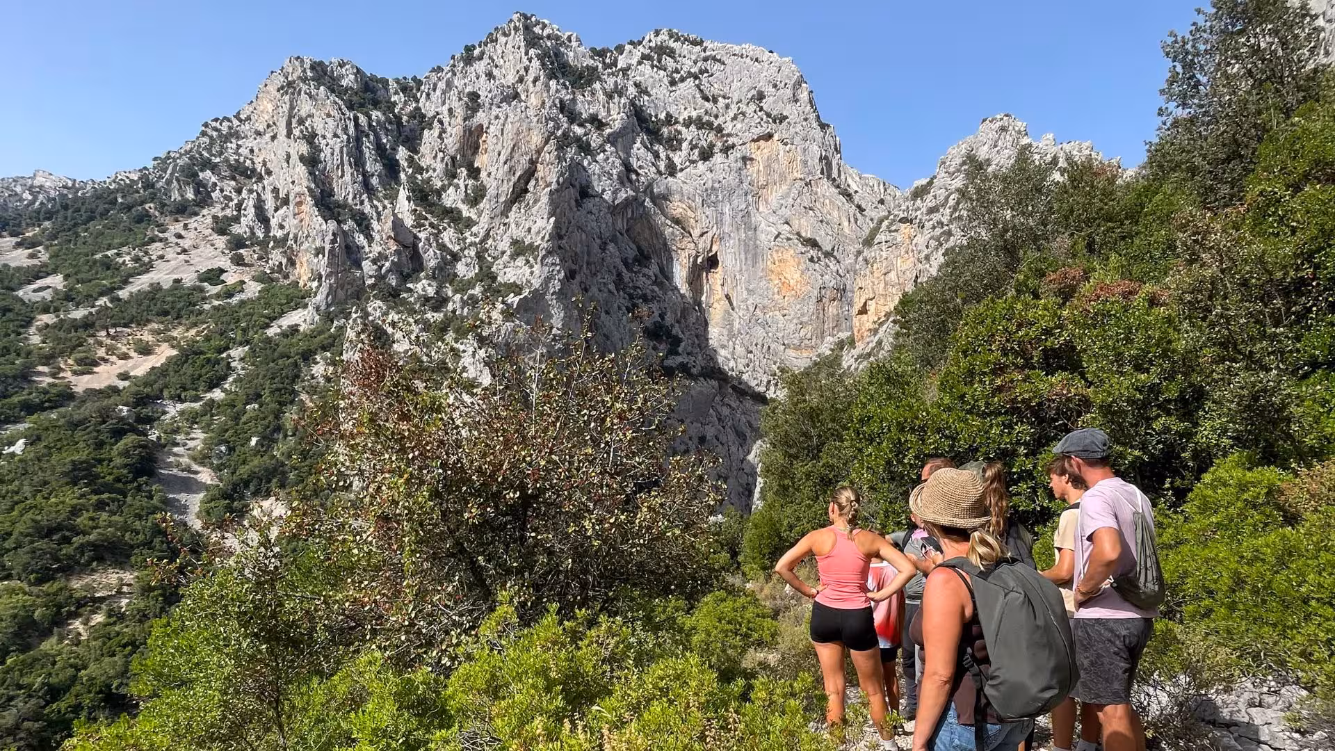 Group of hikers admiring the majestic cliffs of Gorropu Canyon surrounded by vibrant greenery on a sunny day.
