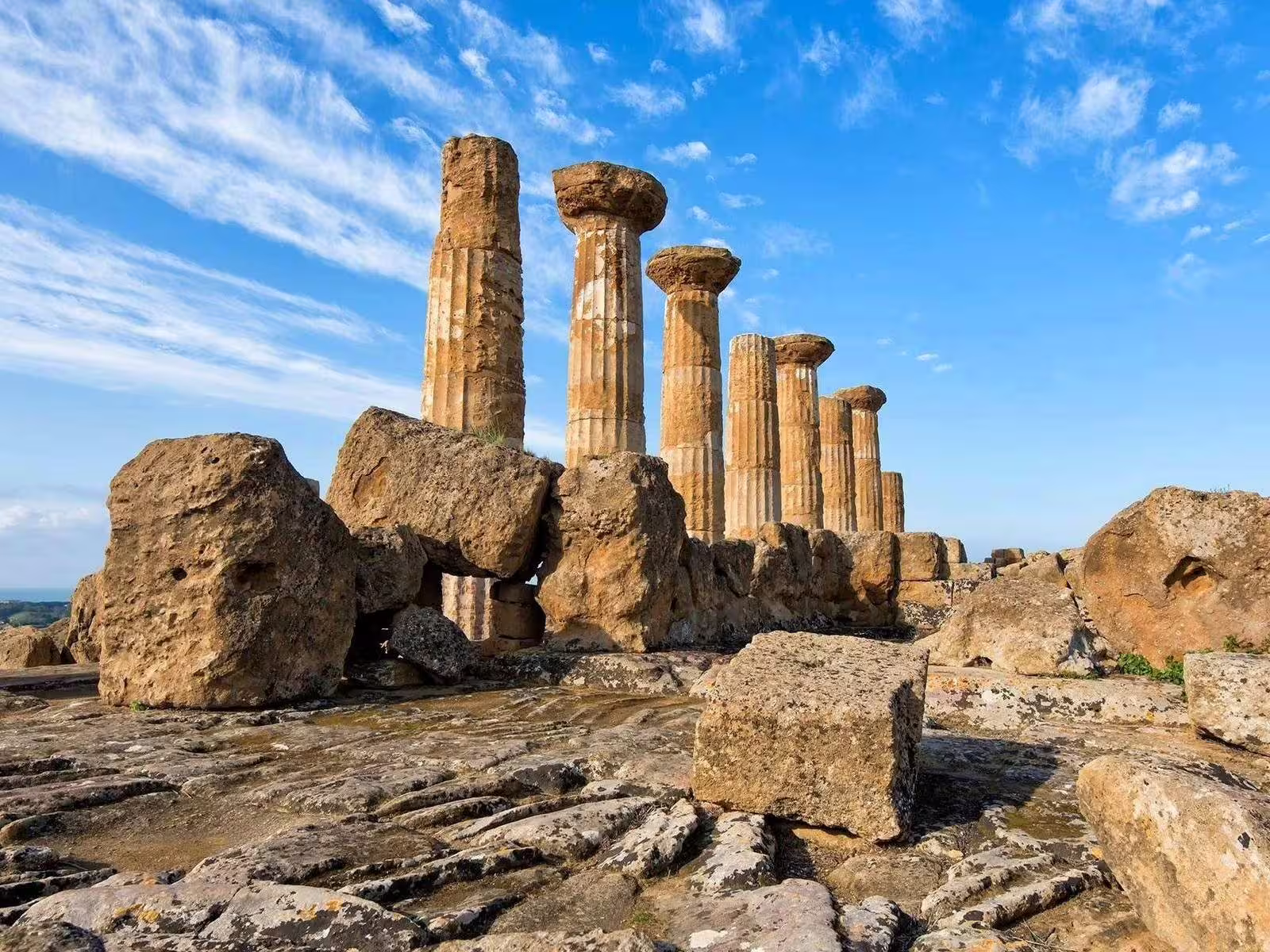 Ancient Doric columns in Agrigento Valley of the Temples, scenic stop on Taormina to Palermo tour