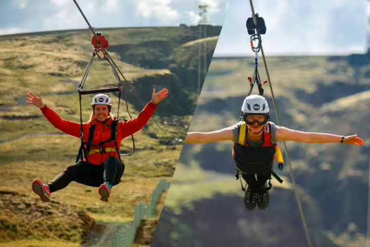 Adventurers enjoying the thrill of ziplining over scenic landscapes on the "Double Thrill: Wings of the Bird, Flight of the Falcon" tour.