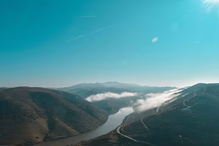 Breathtaking aerial view of Douro River with lush vineyards, ideal for a relaxing wine tasting boat ride.
