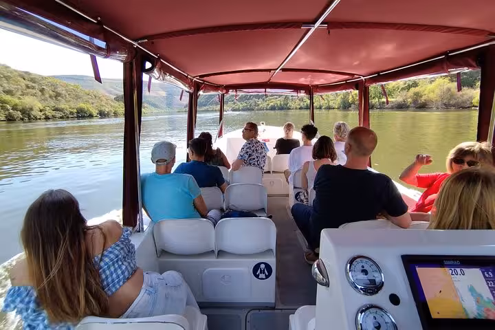 Guests on a scenic boat cruise along the Douro River enjoying stunning valley views on a guided tour