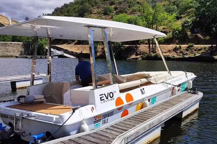 Luxury boat docked in the scenic Douro River, perfect for a private wine tour and cruise experience.