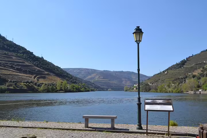 Scenic Douro Valley riverside with vineyards, a bench, and a lamppost under clear blue skies.
