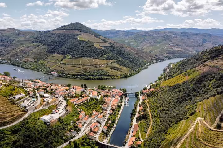 Panoramic Douro Valley vineyards and river bend, scenic stop on private wine tour with cruise from Porto
