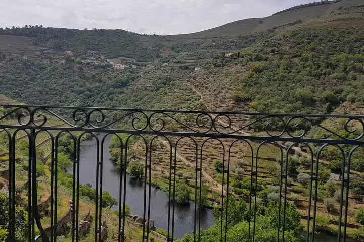 Scenic view of Douro Valley vineyards from a balcony, showcasing lush green terraces and the winding river below.