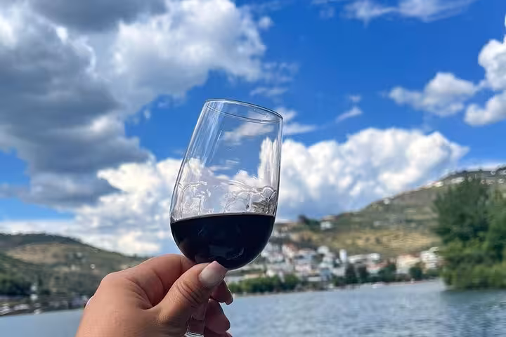 Savoring a glass of Douro Valley red wine with stunning river views on a guided winery tour and boat cruise