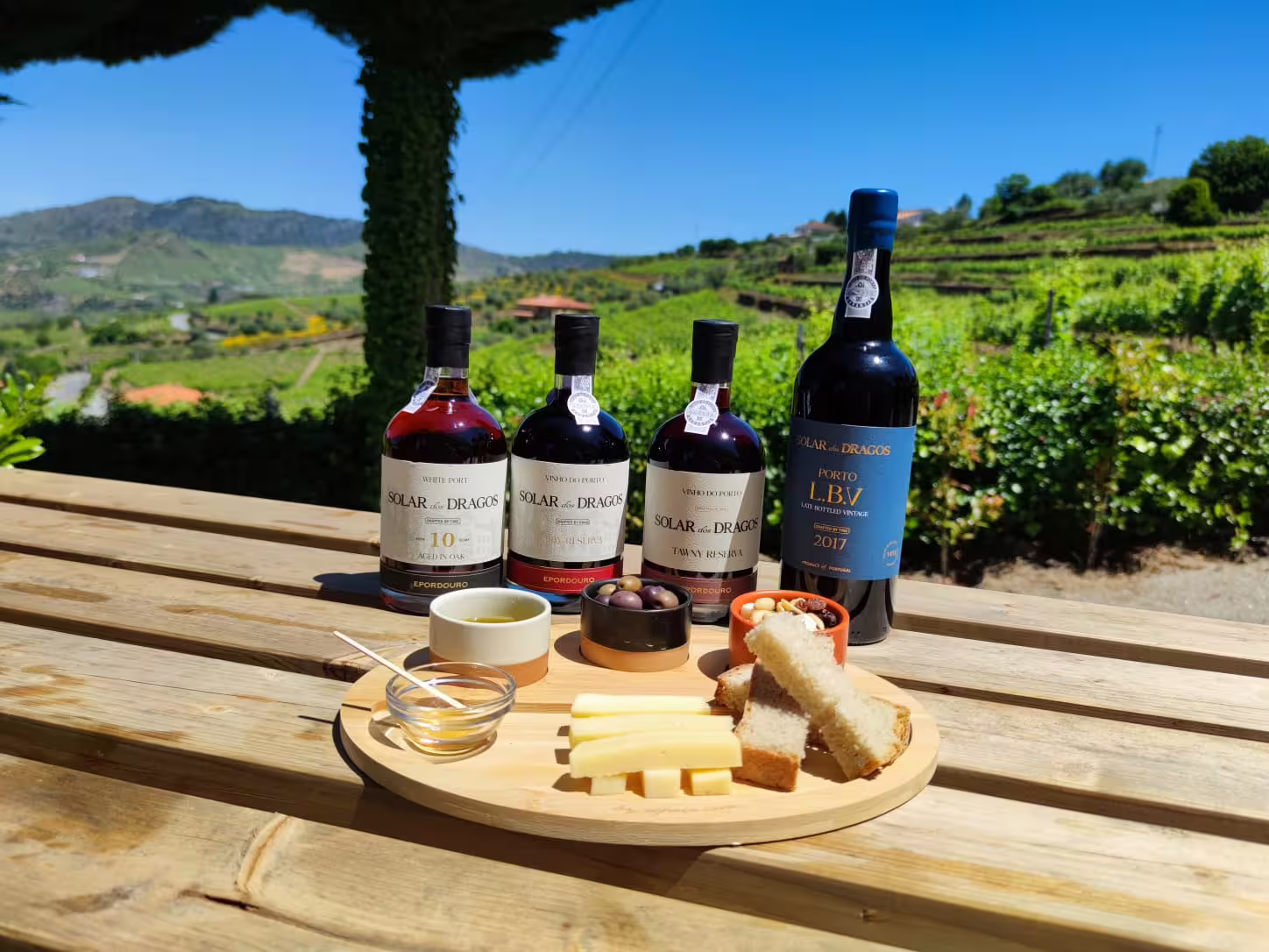 Douro Valley wine tasting setup with port bottles, cheese, and bread on a wooden table overlooking scenic vineyards.