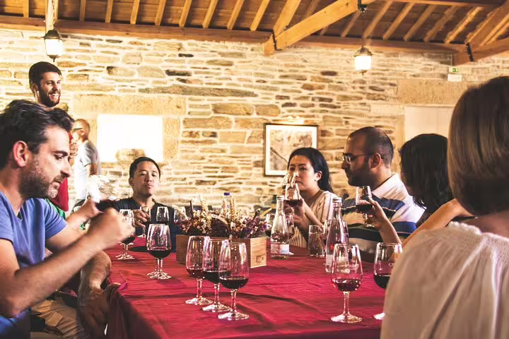 Group enjoying wine tasting in a rustic Douro Valley cellar on a private tour from Porto, surrounded by stone walls.