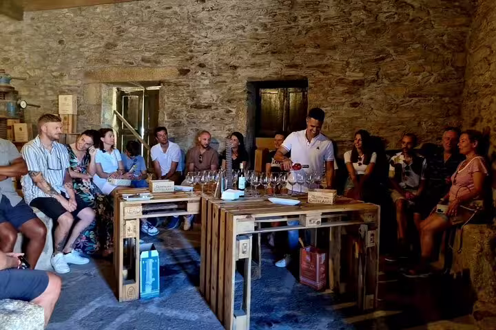 Group enjoying wine tasting session in rustic Douro Valley winery, highlighting local wines and culture.