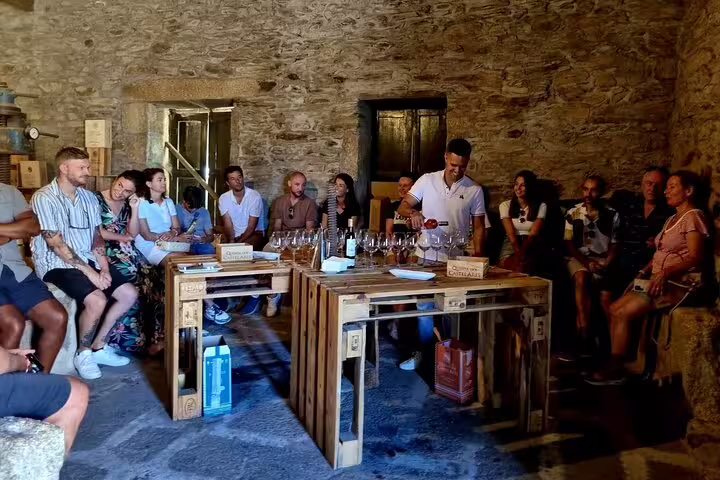 Guests enjoy wine tasting at a rustic vineyard in Douro Valley during a guided tour, seated around a wooden table.