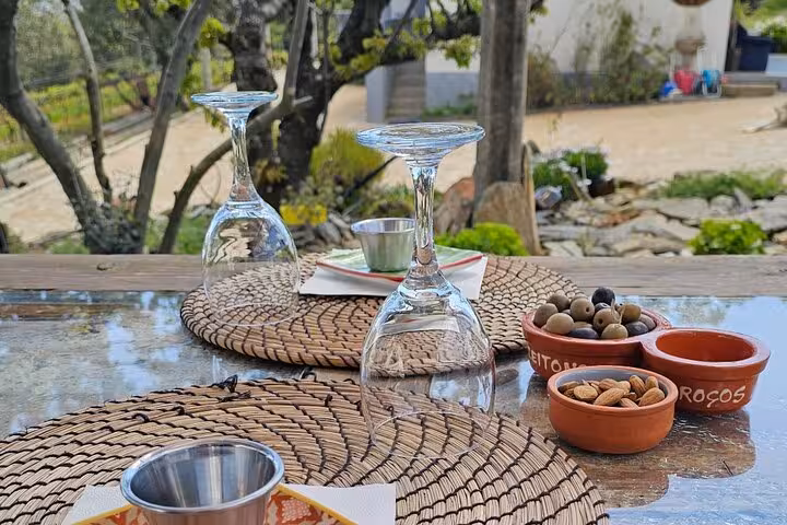 Outdoor winery lunch table with wine glasses, olives and nuts, part of Douro Valley private tour from Porto
