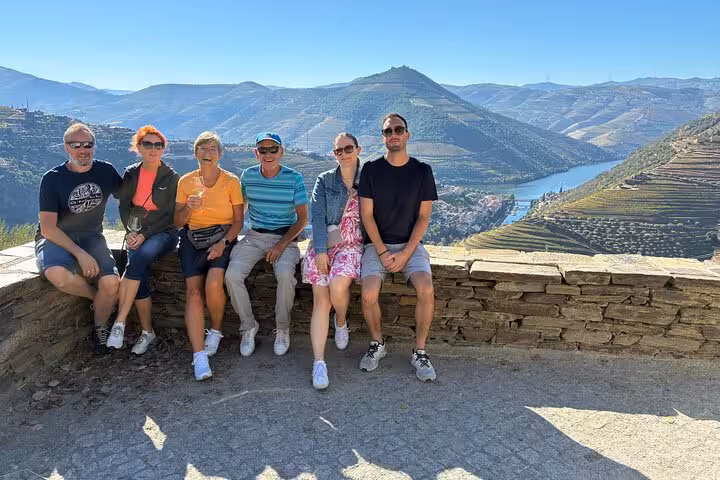 Private group in Douro Valley viewpoint overlooking terraced vineyards and river on wine tour from Porto