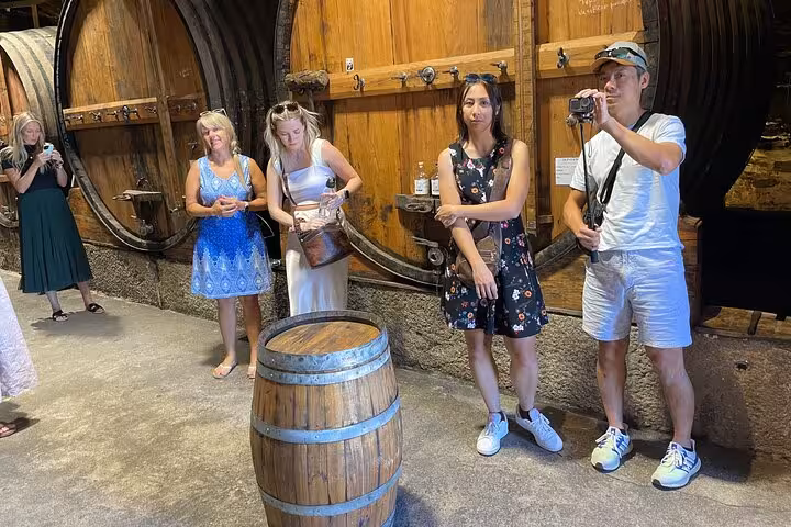 Tour group exploring a traditional Douro Valley winery cellar with large oak barrels during a full-day wine tour from Porto.