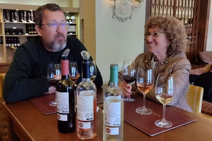 Couple enjoying guided wine tasting with multiple bottles at a Douro Valley winery during a guided tour