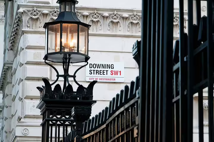 Downing Street SW1 sign on ornate lamppost, City of Westminster, London