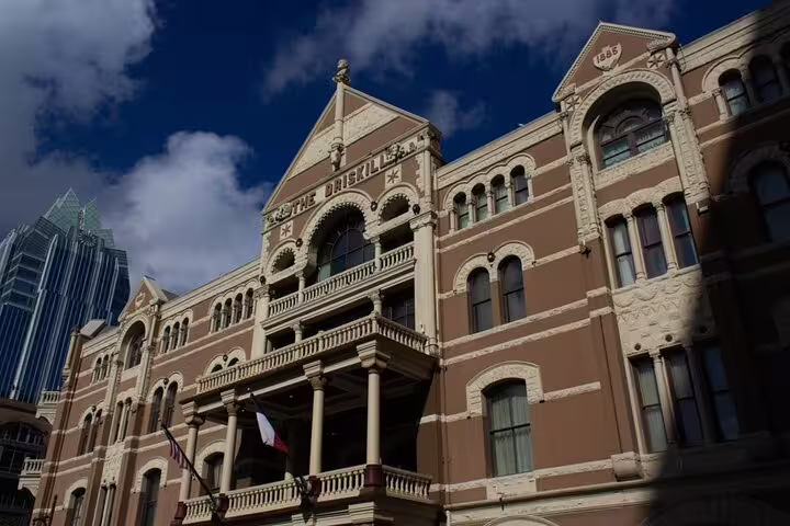 Historic Driskill Hotel facade in Austin, a Victorian Romanesque building featured on ghost tours