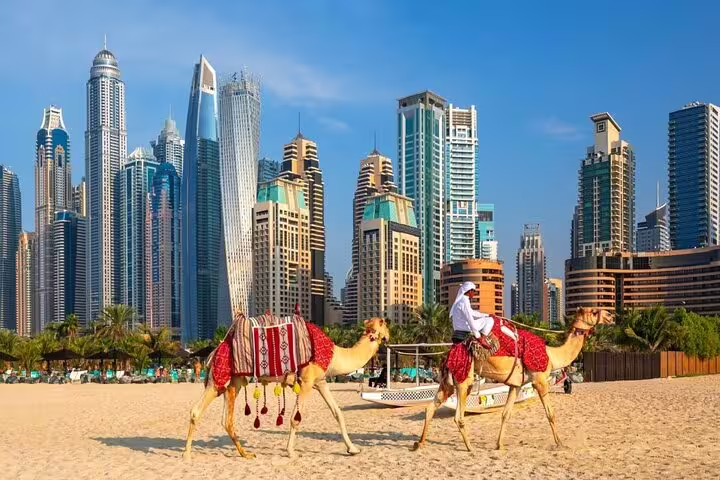 Camel ride on Dubai Marina beach with skyline views, private Dubai layover tour showcasing top city highlights