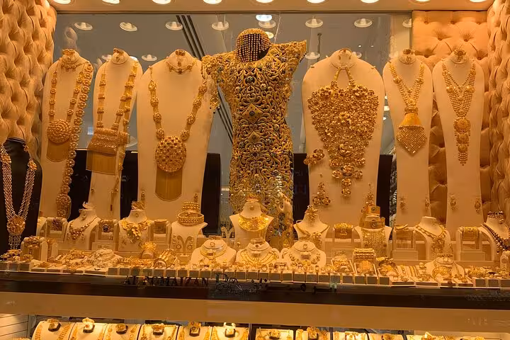 Dubai Gold Souk jewelry display on city tour with pickup and drop off from Dubai to Fujairah transfer