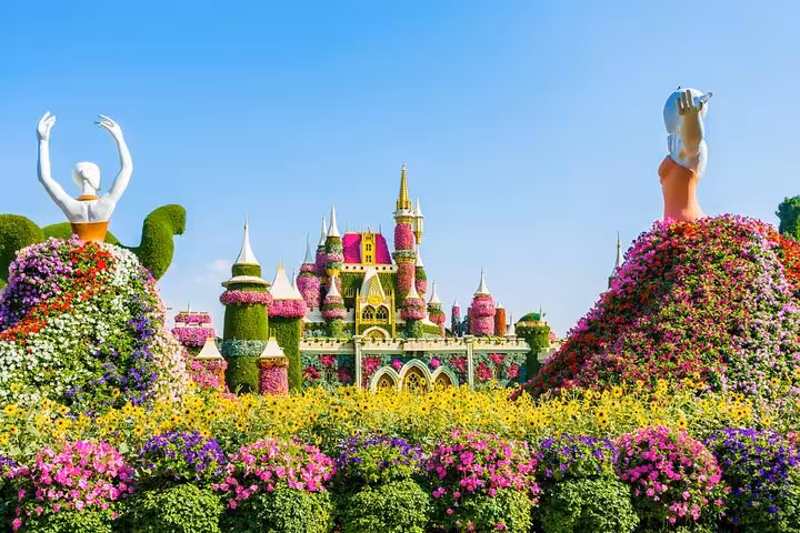 Dubai Miracle Garden floral castle and giant flower sculptures, included entry pass ticket from Dubai