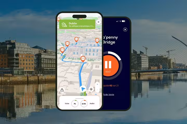 Two smartphones showing Dublin self-guided walking tour app with GPS map and audio guide for Ha'penny Bridge