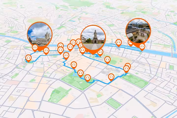 GPS map of Dublin walking tour route with audio guide pins marking landmarks including Trinity College and Christ Church Cathedral