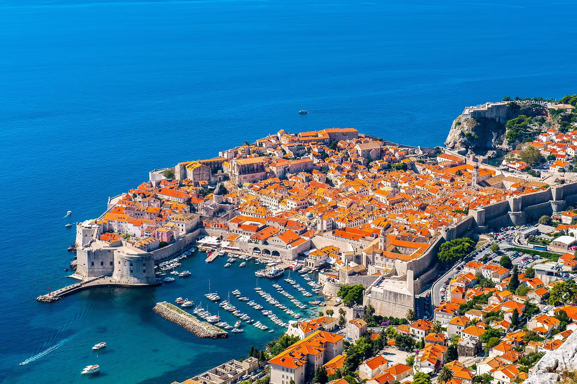 Aerial view of Dubrovnik Old Town and harbor on the Adriatic, highlight of Croatia family island hopping trip