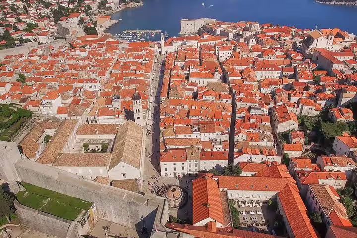 Aerial view of Dubrovnik Old Town red roofs and Stradun, perfect for an early bird walking tour