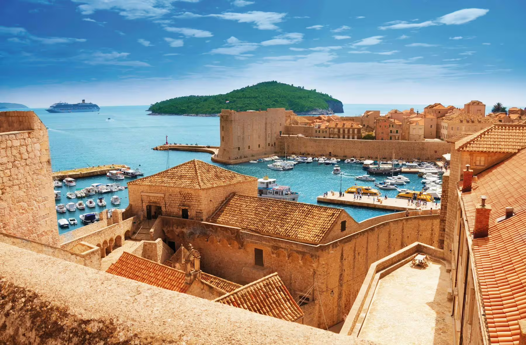 Dubrovnik Old Town harbor and city walls view on day trip from Makarska Riviera, Croatia coastal tour