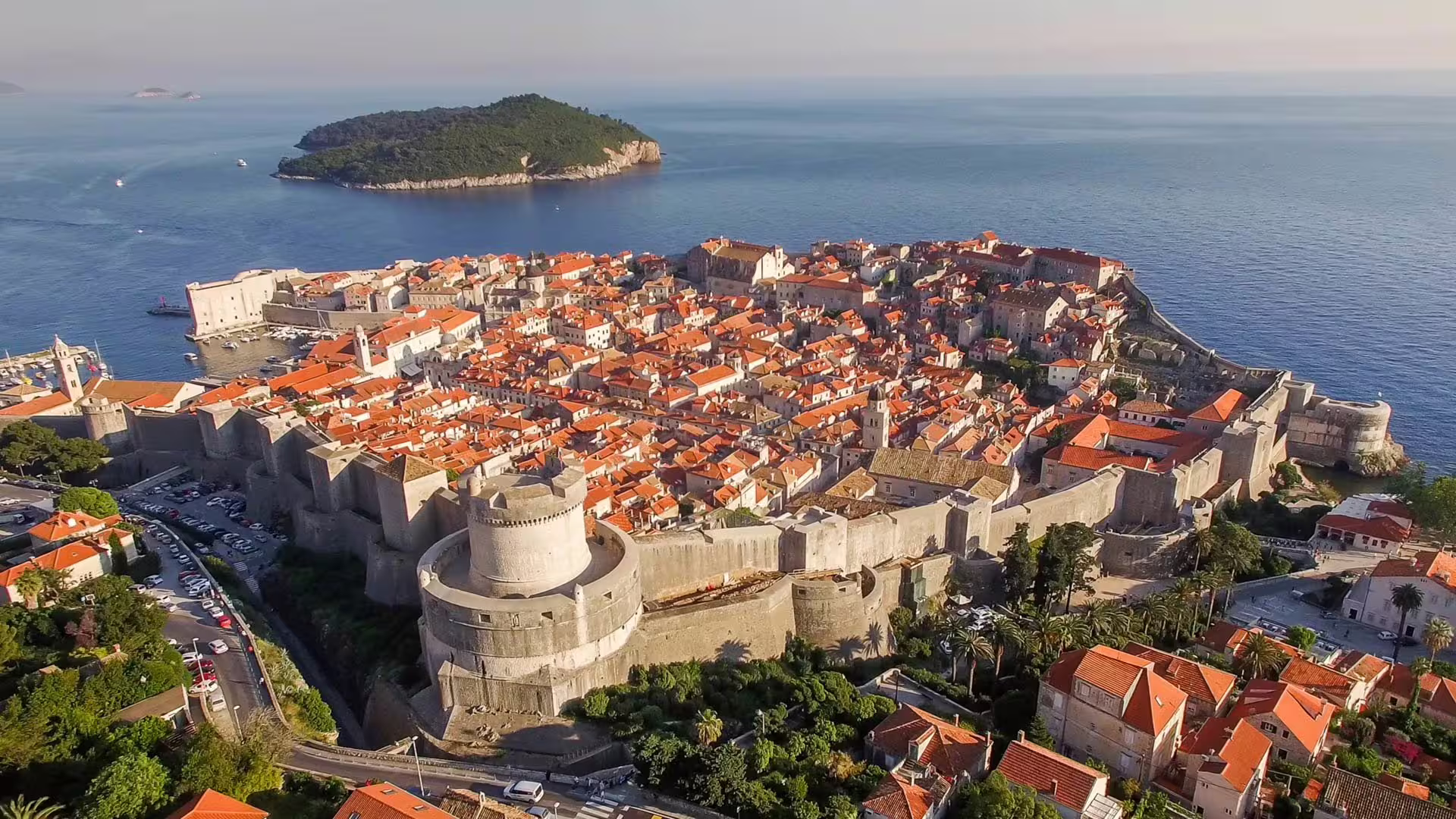 Scenic Panorama Drive view of Dubrovnik Old Town walls and Lokrum Island, Adriatic coast lookout