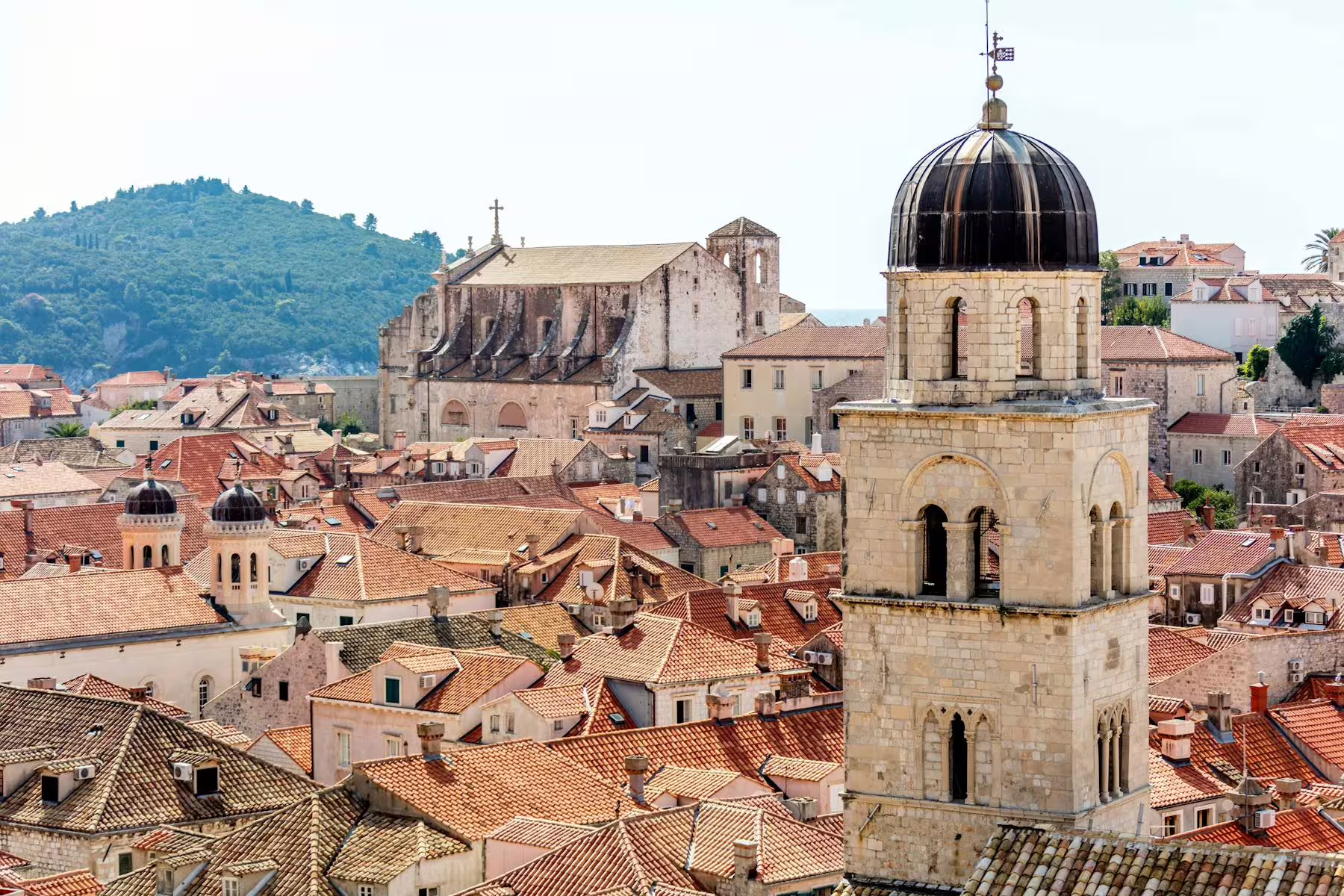 Dubrovnik Old Town rooftops and bell tower view on day trip from Makarska Riviera, Croatia coastline tour
