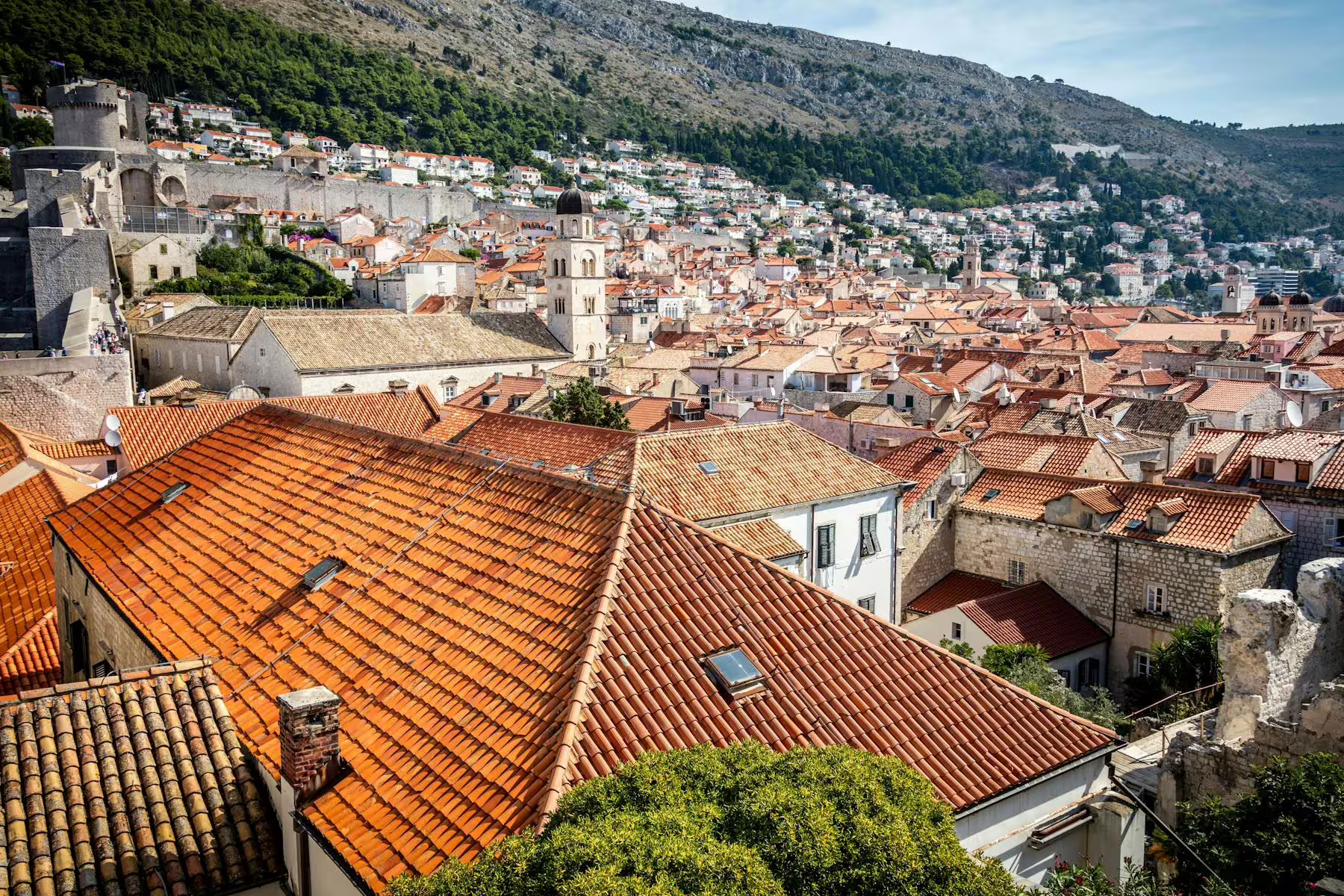 Dubrovnik Old Town skyline with terracotta roofs and fortress walls, scenic viewpoint on Makarska day tour