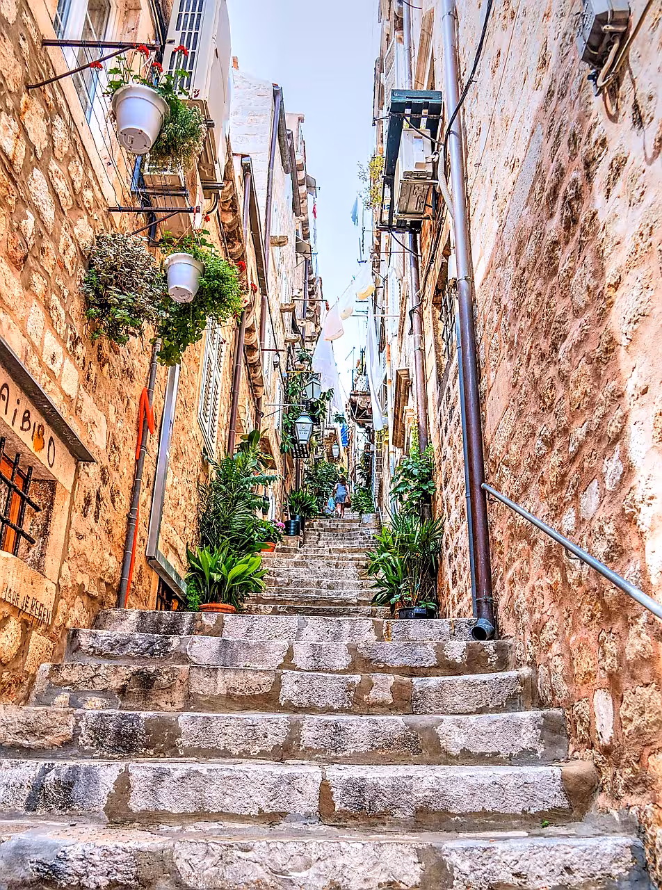 Stone stairway in Dubrovnik Old Town alley with hanging plants, a scenic stop on a day trip from Split