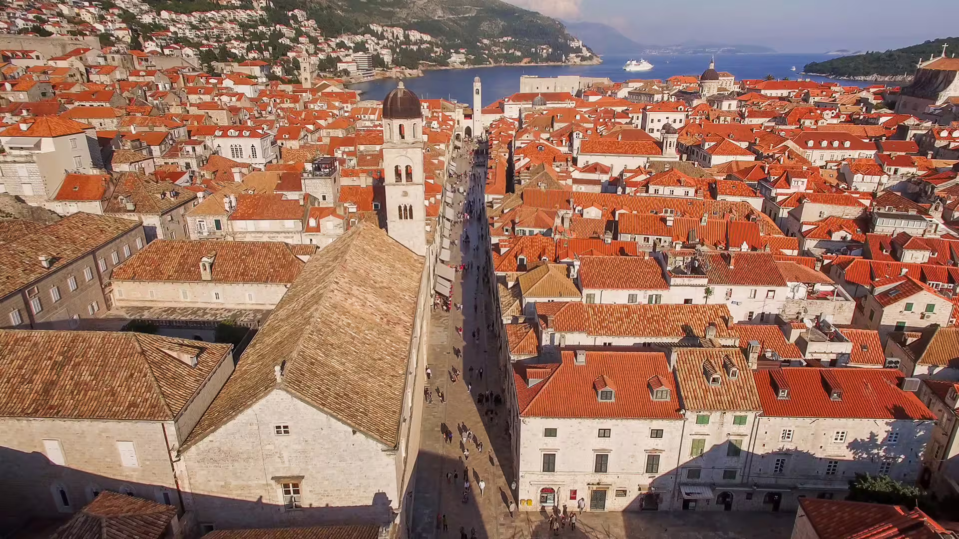 Stradun main street and bell tower in Dubrovnik Old Town, seen from above on a guided panoramic tour
