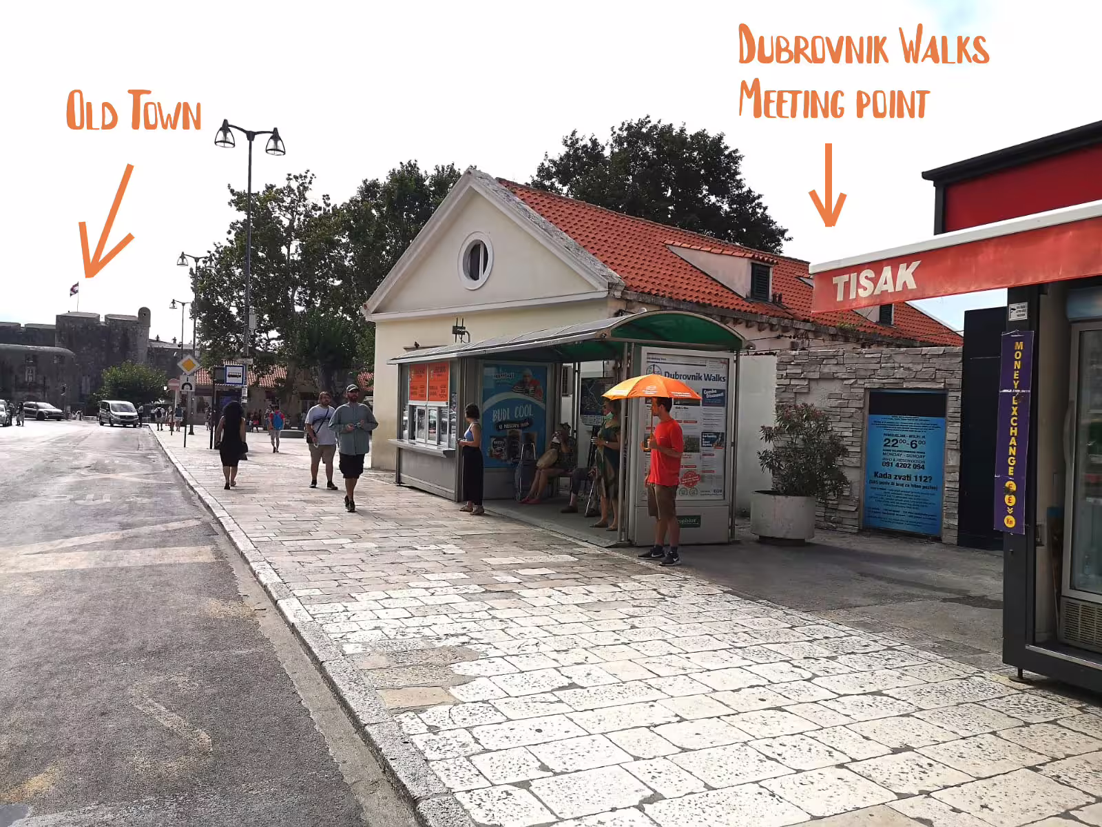 Dubrovnik Walks sea kayaking and snorkeling tour meeting point kiosk near Pile Gate, close to Old Town