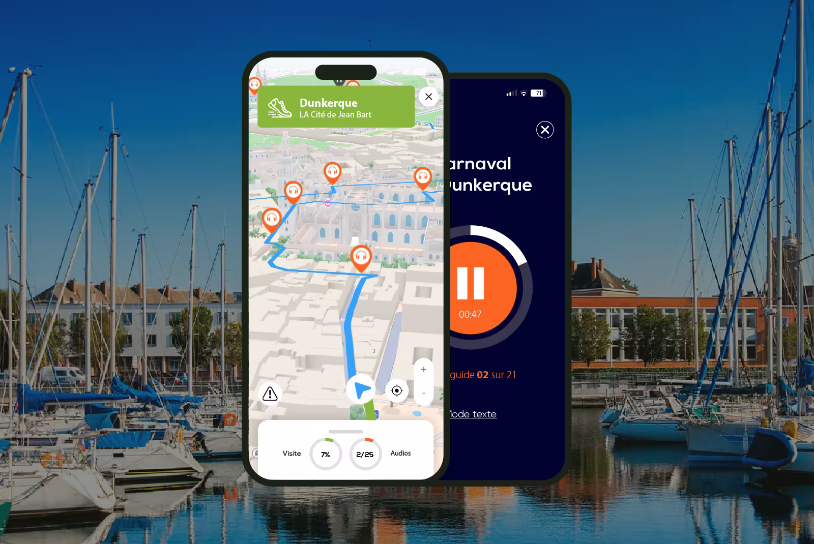 Dunkerque audioguide mobile application interface on smartphone with the port in the background.