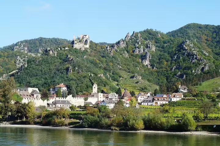 Dürnstein village and Danube River vineyards, scenic view on private Wachau Valley day tour from Vienna