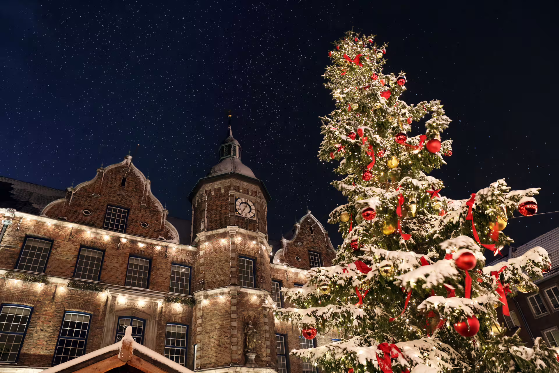Snowy Christmas tree by Düsseldorf Old Town building at night, perfect for a 1-day audioguide walking tour