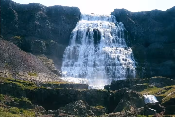 Dynjandi waterfall cascading down rocky cliffs in the Westfjords of Iceland
