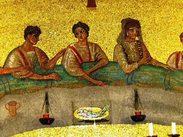Colorful early Christian mosaic in the Catacombs of Rome depicting banquet scene on a guided small group tour
