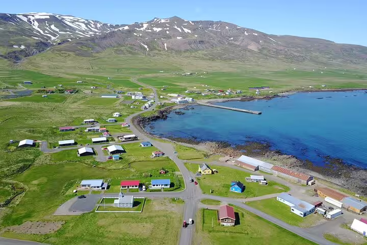 Aerial view of a small coastal village in East Iceland with green fields, colorful houses, and a mountain backdrop